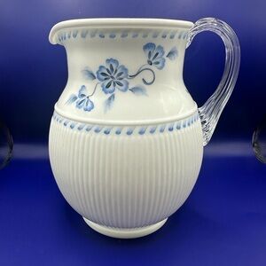 Fenton Pitcher True Blue On Milk Glass Ribbed Hand Painted